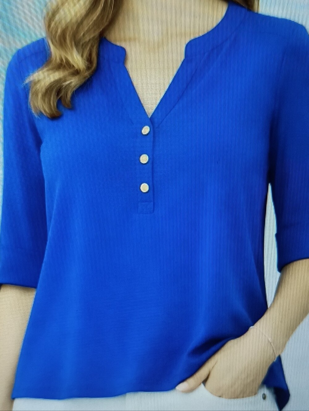 Dana Buchman Electric Blue V-Neck Henley Blouse with Gold Buttons